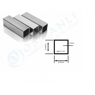 Alüminyum Kutu Profil 55mm x   55mm Et Kalınlık 3mm